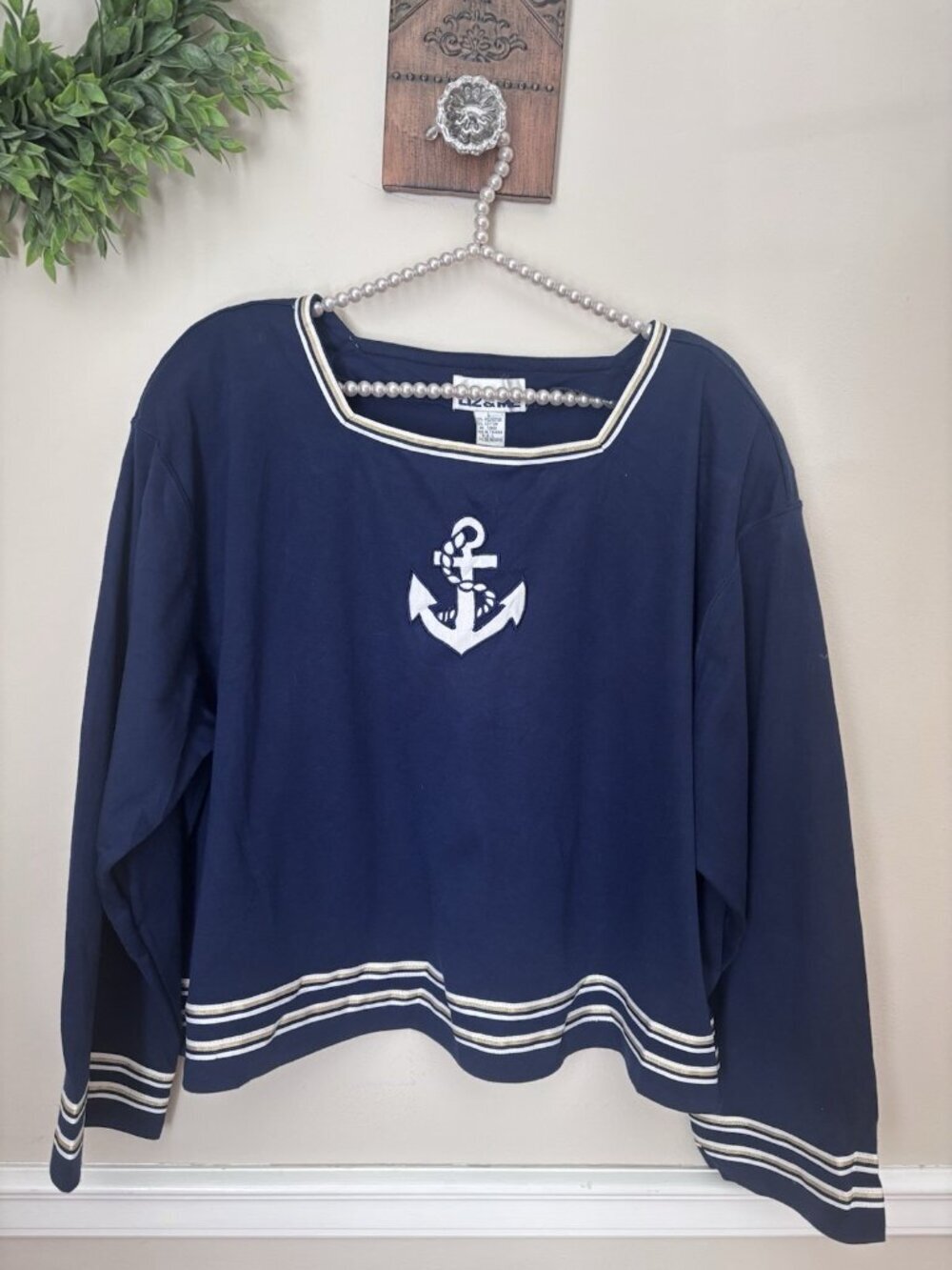 Vintage NWT Liz & Me Size L Blue Nautical Top Long Sleeve Anchor Sailor